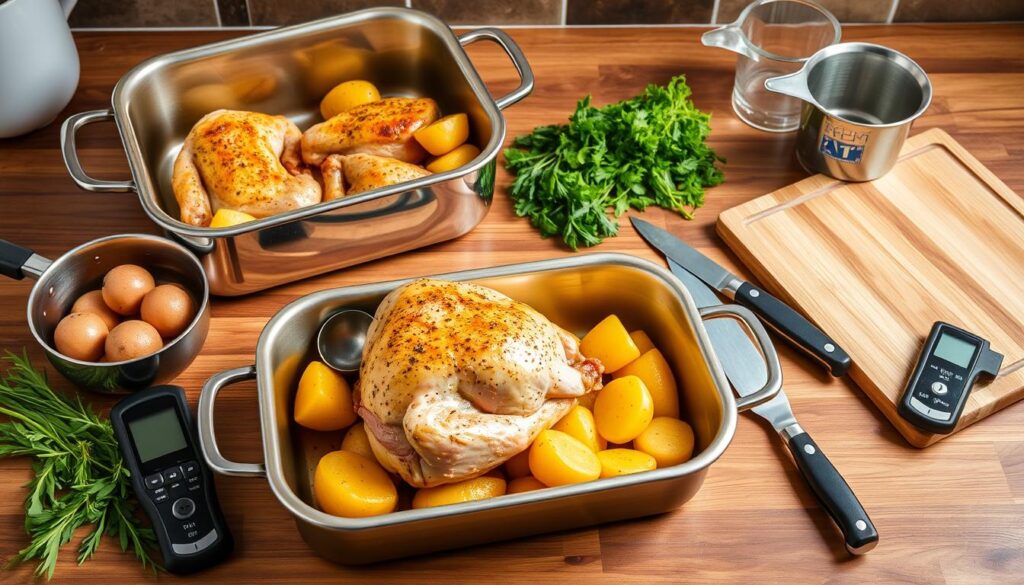 Kitchen equipment for roasting chicken and potatoes