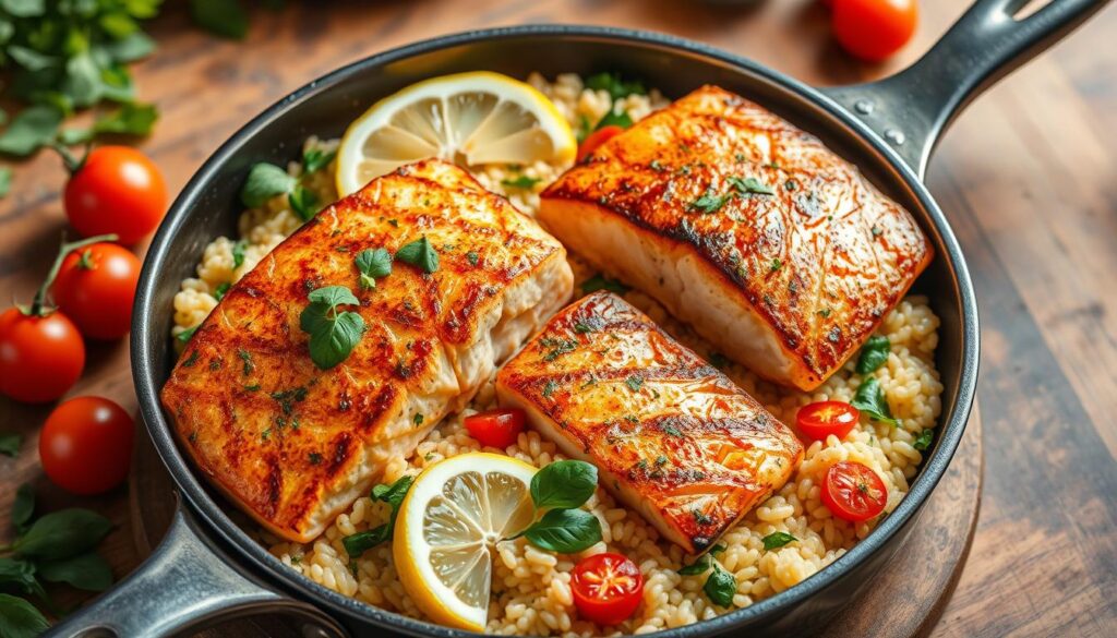 Salmon and Orzo Skillet Meal