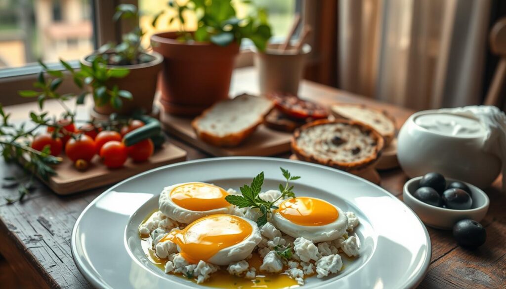 Healthy Mediterranean Breakfast with Feta Eggs